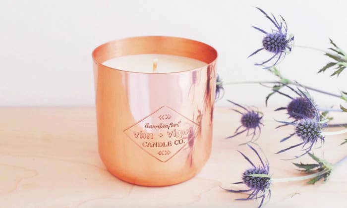 Engraved copper cup with soy wax candle 