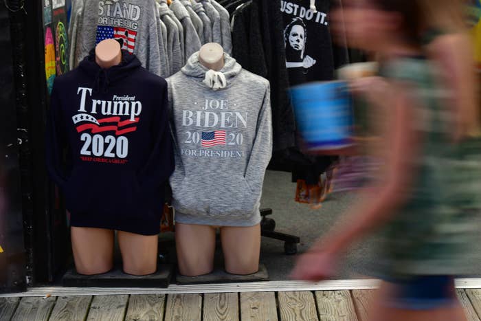 Two hoodies on mannequins. One says &quot;President Trump 2020&quot; and the other says &quot;Joe Biden 2020 For President with an American flag in the middle&quot;