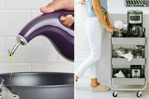 On the left, hand pours olive oil out of purple dispenser into dish. On the right, model rolls silver cart filled with tableware and coffee goods