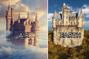 (left) a castle sits above the clouds with text "air"; (right) a castle pokes out of fall trees with text "earth"