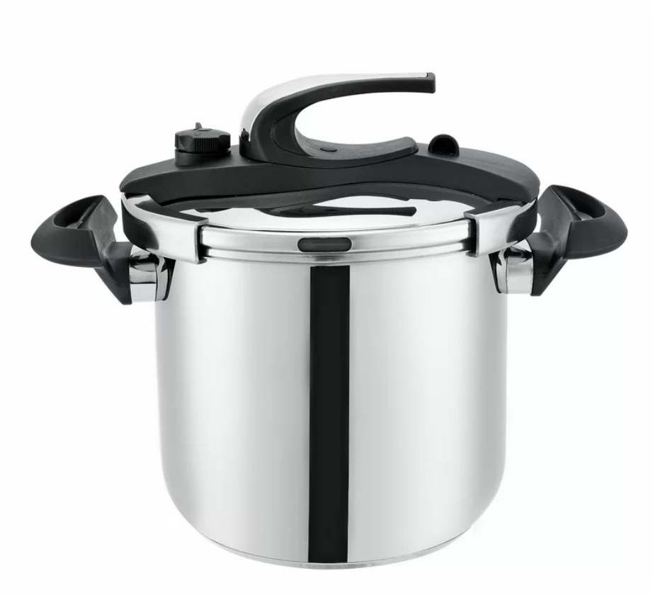 Stainless steel pressure cooker with black stripe down the middle, black handles on both sides, and black handle on top lid