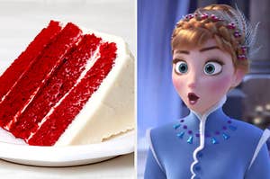 Red velvet cake and Anna from Frozen