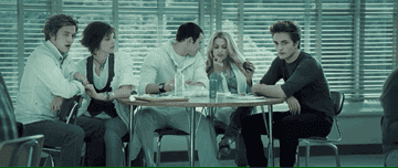 Five kids in a matching colour scheme sitting around a cafeteria table 