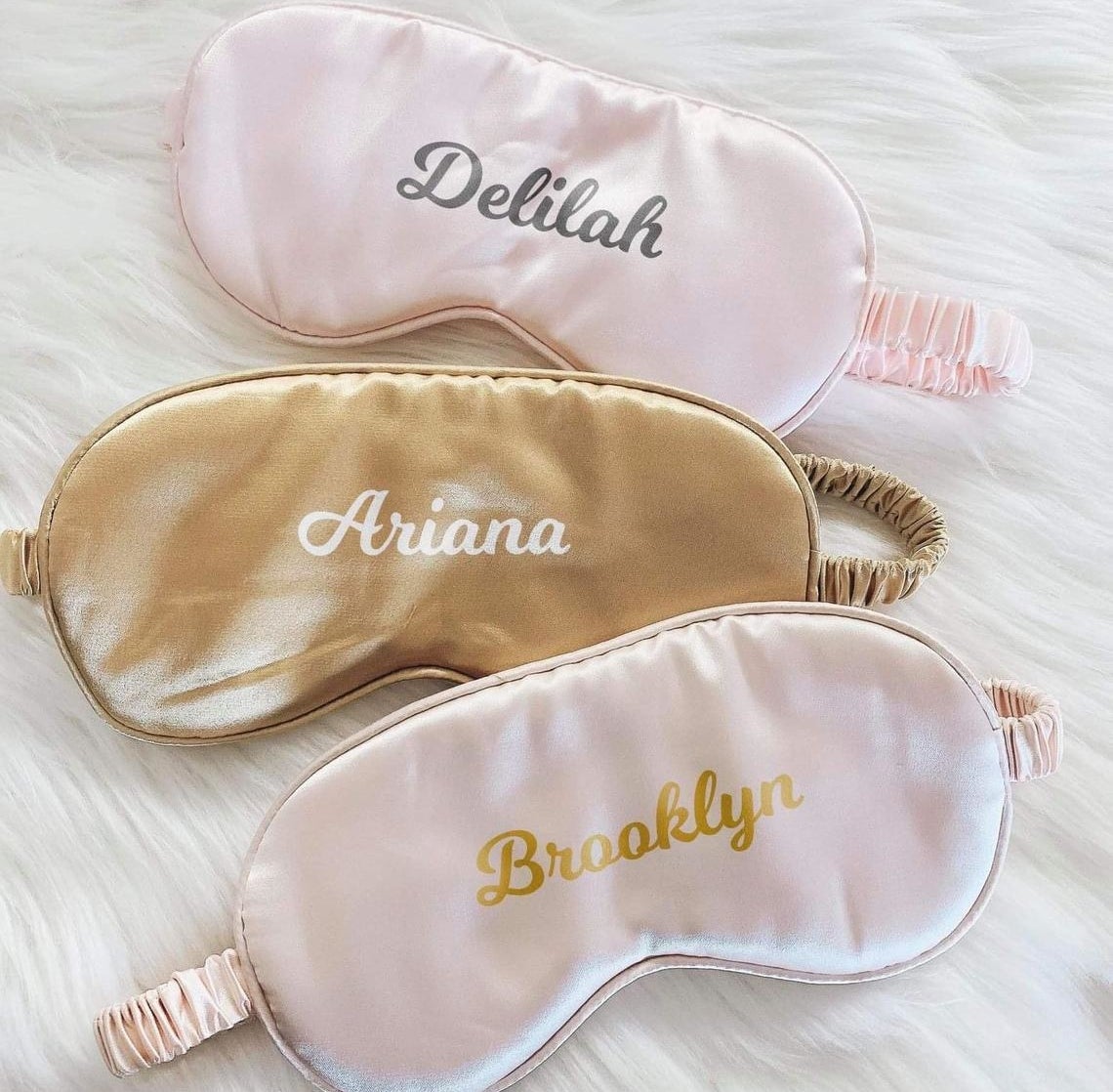 three customized sleep masks with the names Delilah, Ariana and Brooklyn 