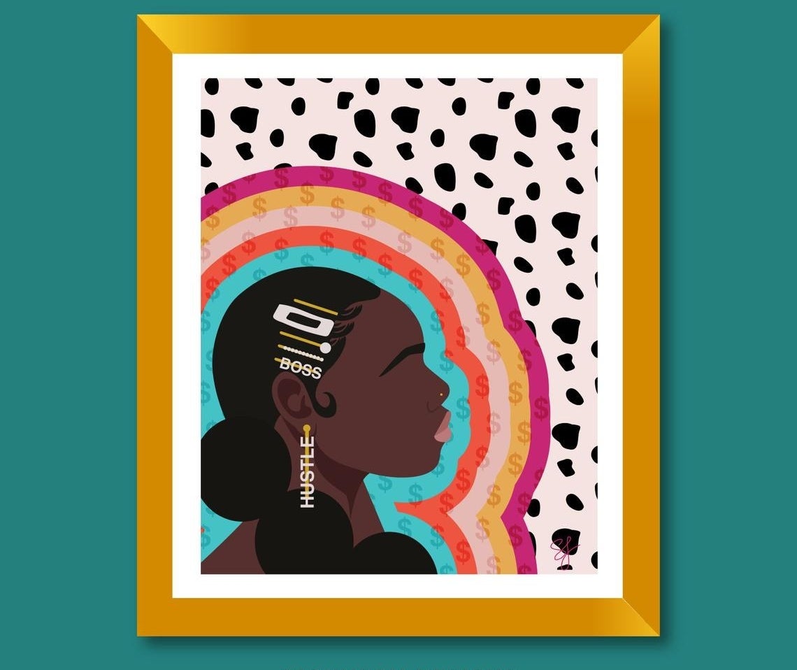 Woman with several clips in hair, earrings that say &quot;hustle&quot; on a Dalmatian print background with rainbow and dollar signs framing her face 
