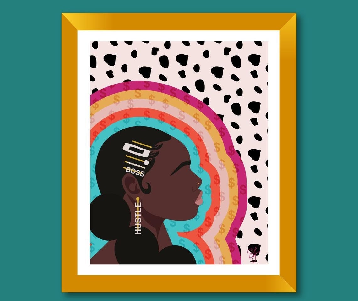 Woman with several clips in hair, earrings that say "hustle" on a Dalmatian print background with rainbow and dollar signs framing her face