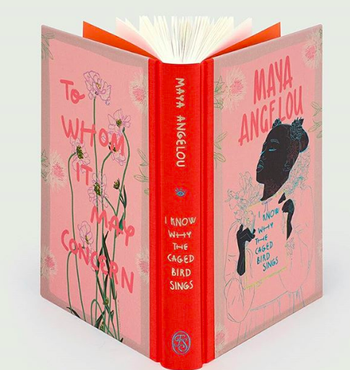 Cover of book bound in pinks with illustration of Maya Angelou 