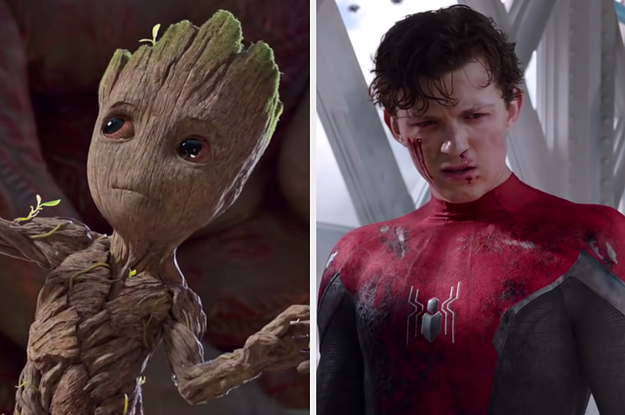 On the left, Baby Groot from "Guardians of the Galaxy Vol. 2," and on the right, Tom Holland as Spider-Man in "Spider-Man: Far From Home"
