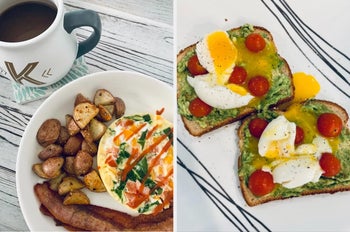 Reviewer images of an omelette and two poached eggs on avocado toast 