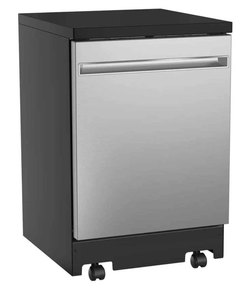 Stainless steel portable dishwasher with black base and wheels
