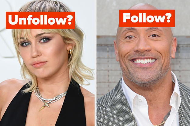 Miley Cyrus is on the left labeled, "Unfollow?" with Dwayne Johnson on the right labeled, "Follow?"