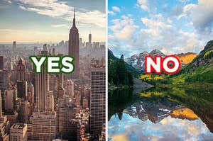 On the left, the New York City skyline labeled "yes," and on the right, a clear river near a forest and mountains labeled "no"