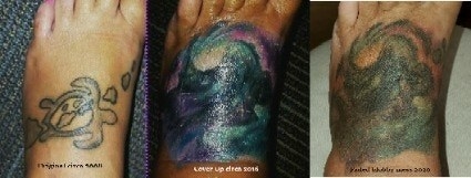 a black Honu turtle tattoo with the Hawaiian islands tattooed on someone&#x27;s foot, which is then covered by a colorful galaxy, which has since faded to look like a mixture of colors