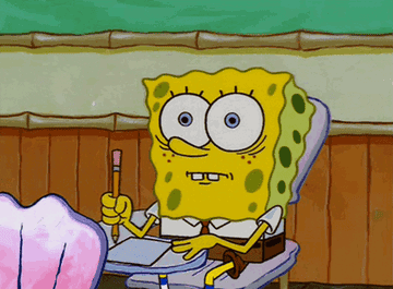 Spongebob with a pencil in hand, nervous about a test