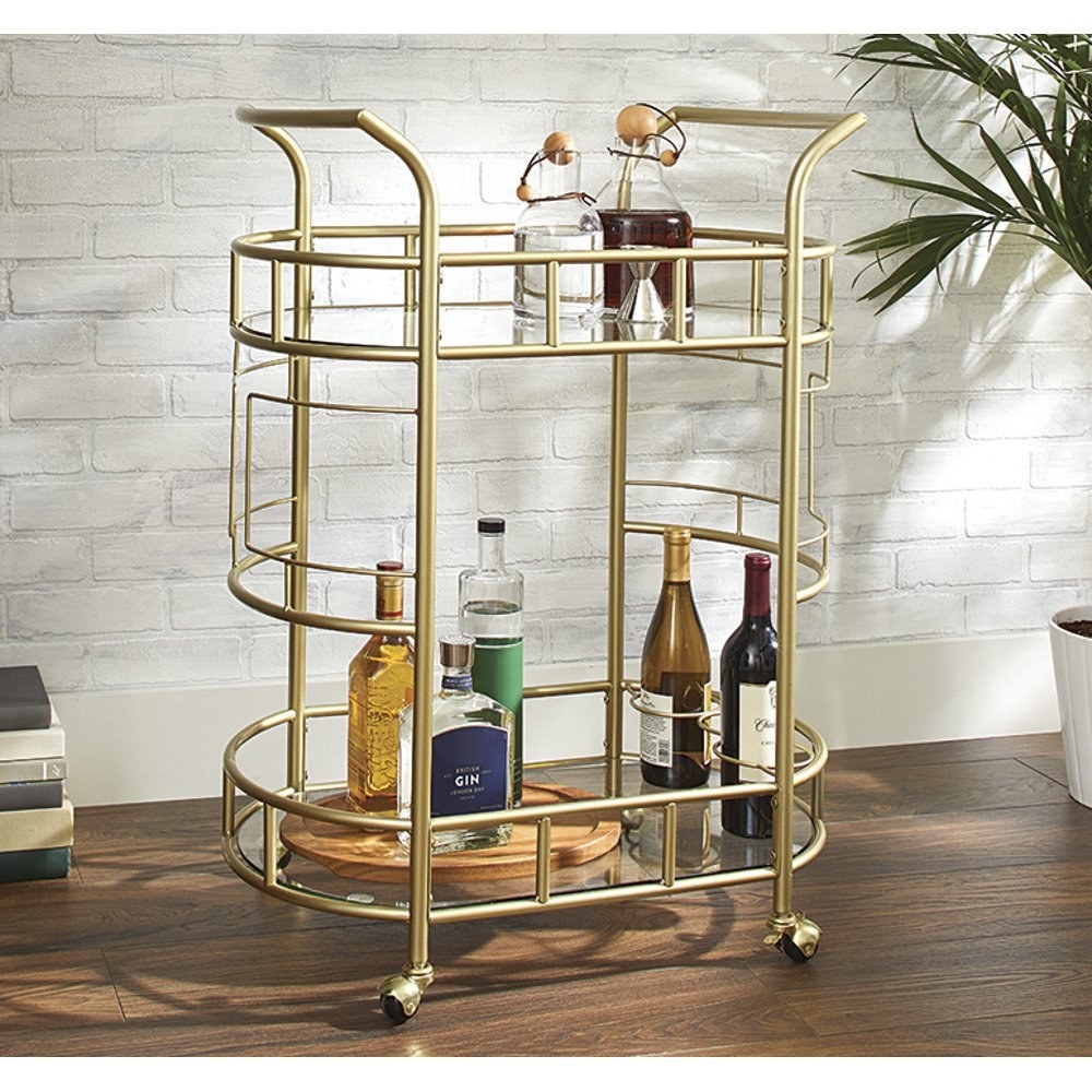 rolling bar cart with two glass shelves