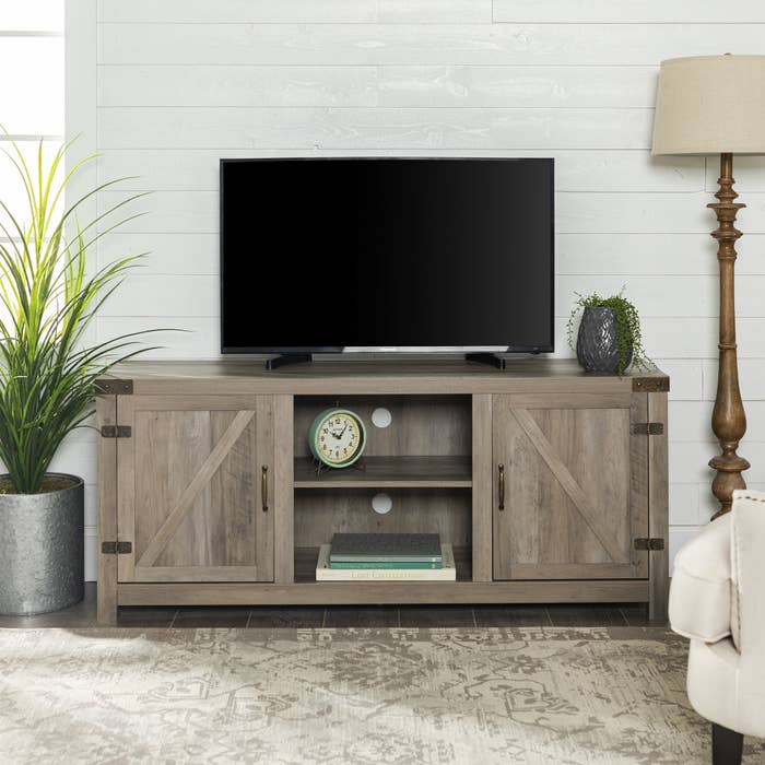 rustic TV stand with barn door cabinets