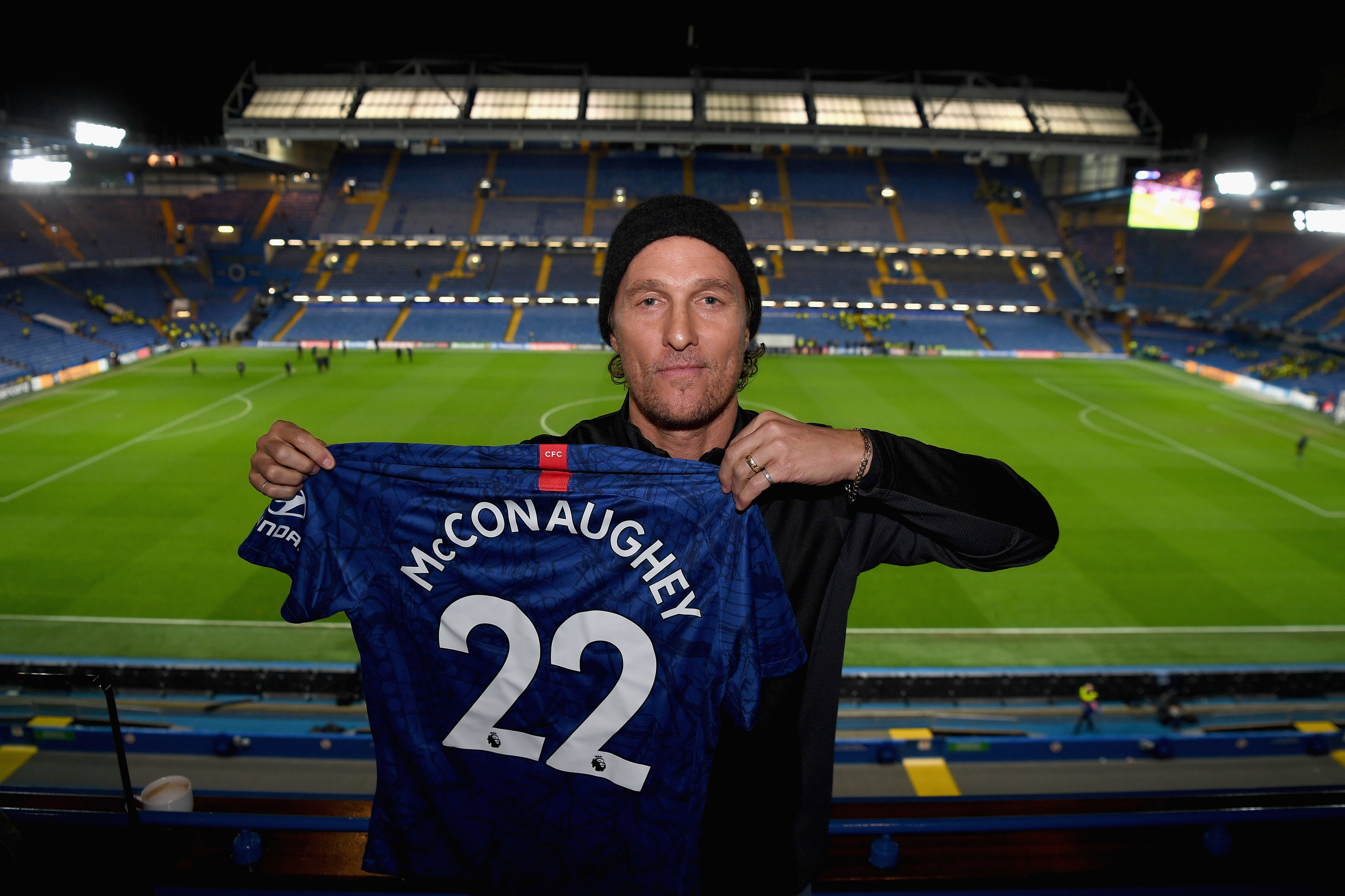 American actor Matthew McConaughey poses after the UEFA Champions League group H match between Chelsea FC and Lille OSC at Stamford Bridge on December 10, 2019 in London, United Kingdom.