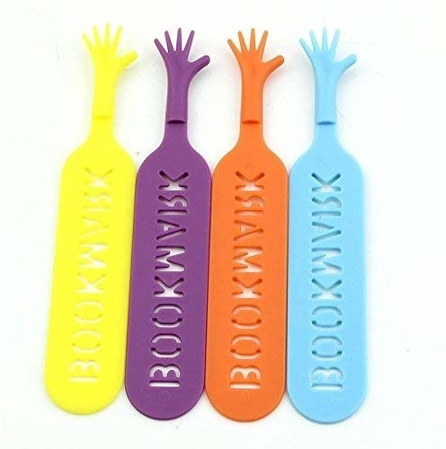Four multicoloured bookmarks with hands sticking out at the end.