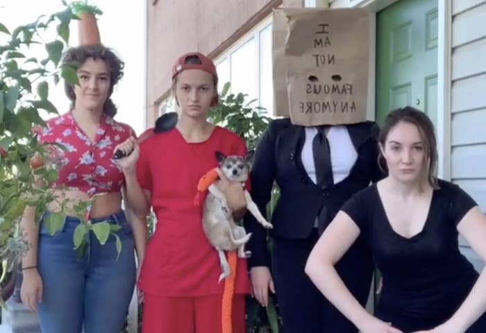 A group of friends wear Shia LaBeouf costumes from various stages of his life