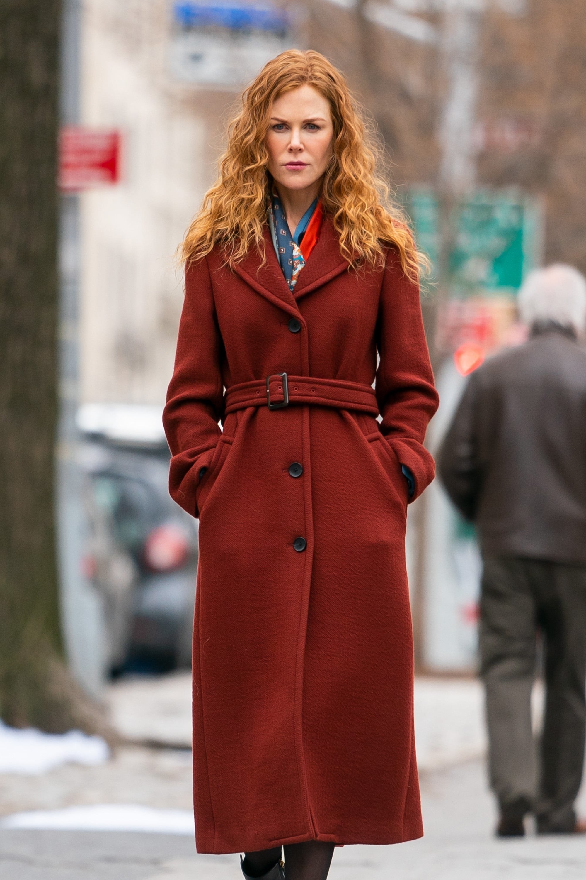 Grace Fraser from &quot;The Undoing&quot; in the long burgundy wool coat