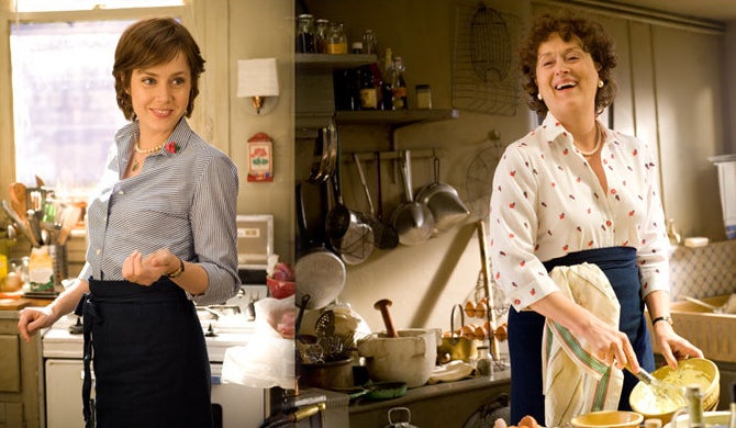 Side by side of Julie Powell (played by Amy Adams) and Julia Childs (played by Meryl Streep)