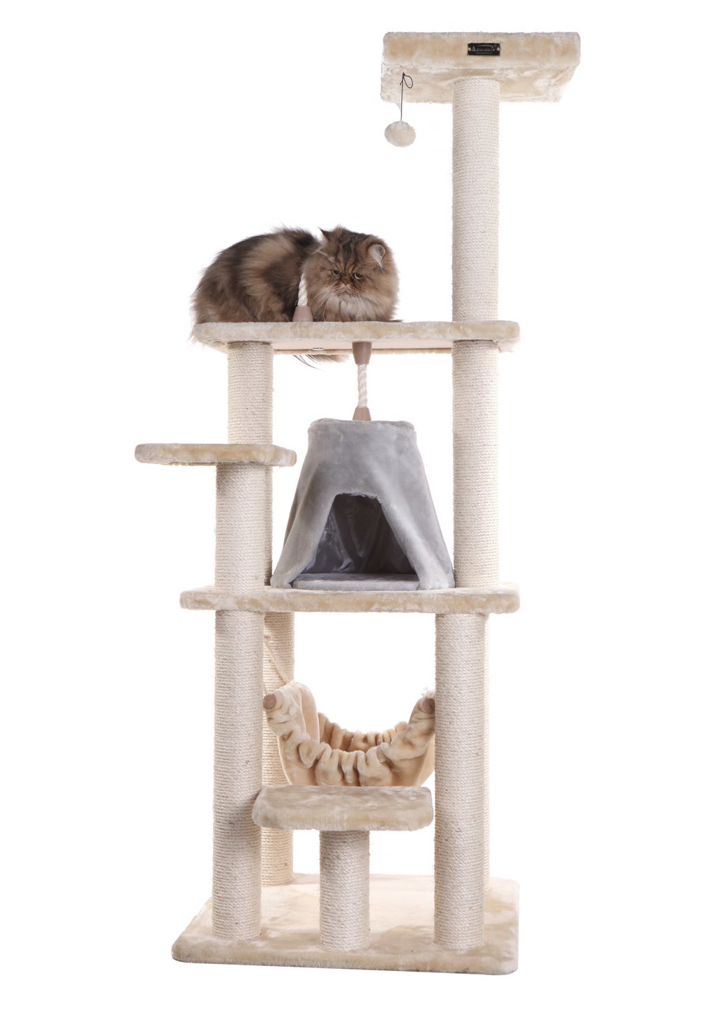 cat condo and scratching post tower with a cat sitting on top of it