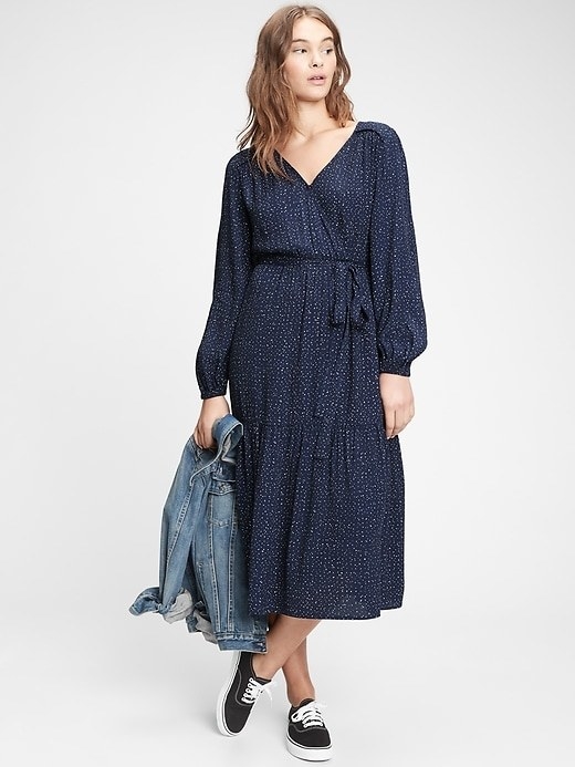 the tiered long sleeve dress with tiny white polka dots