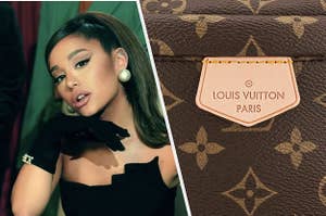 Ariana Grande posing in a fancy dress next to a Louis Vuitton purse