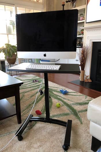 A reviewer photo of the black rolling cart supporting a monitor and keyboard 