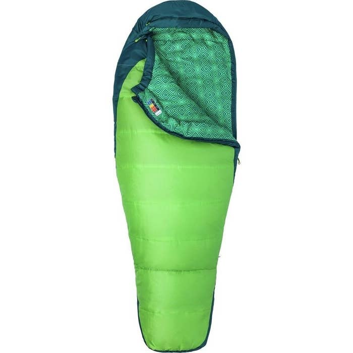 The green mummy-style sleeping bag
