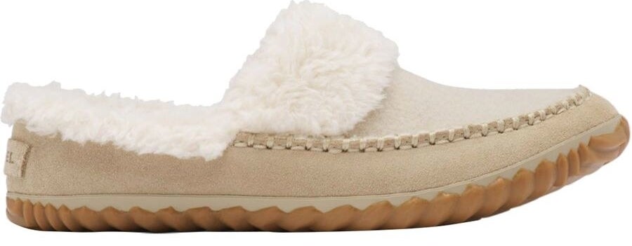 tan suede slippers with tan felt on the top part of the upper