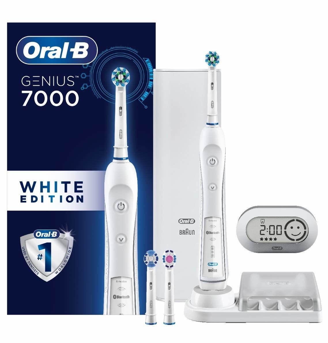 Oral-B Genius 7000 electric toothbrush on charging stand with included accessories