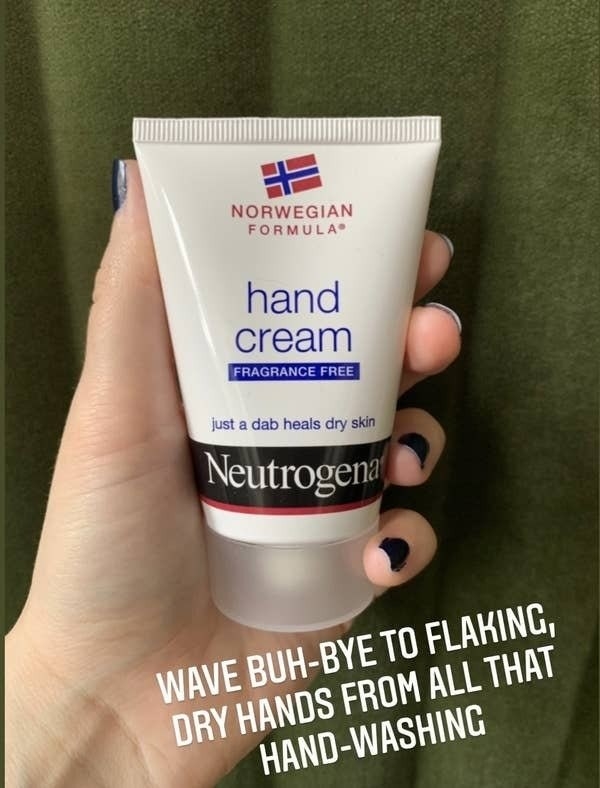 Maitland holds clear container of Neutrogena Hand Cream with caption that says &quot;Wave Buh-bye To Flaking, Dry Hands From All That Hand-Washing&quot;