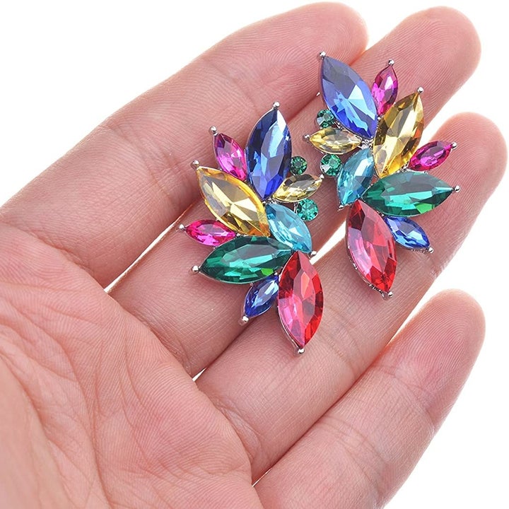 The earrings in rainbow jewels