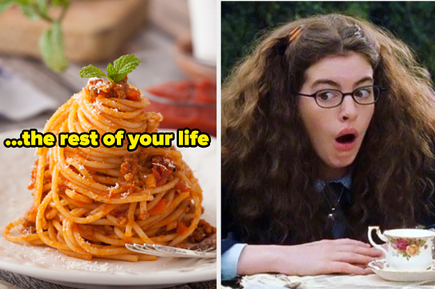 A plate of spaghetti is on the left labeled,