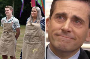 Peter and Laura from The Great British Bake Off and a screenshot of Michael Scott from The Office happy crying