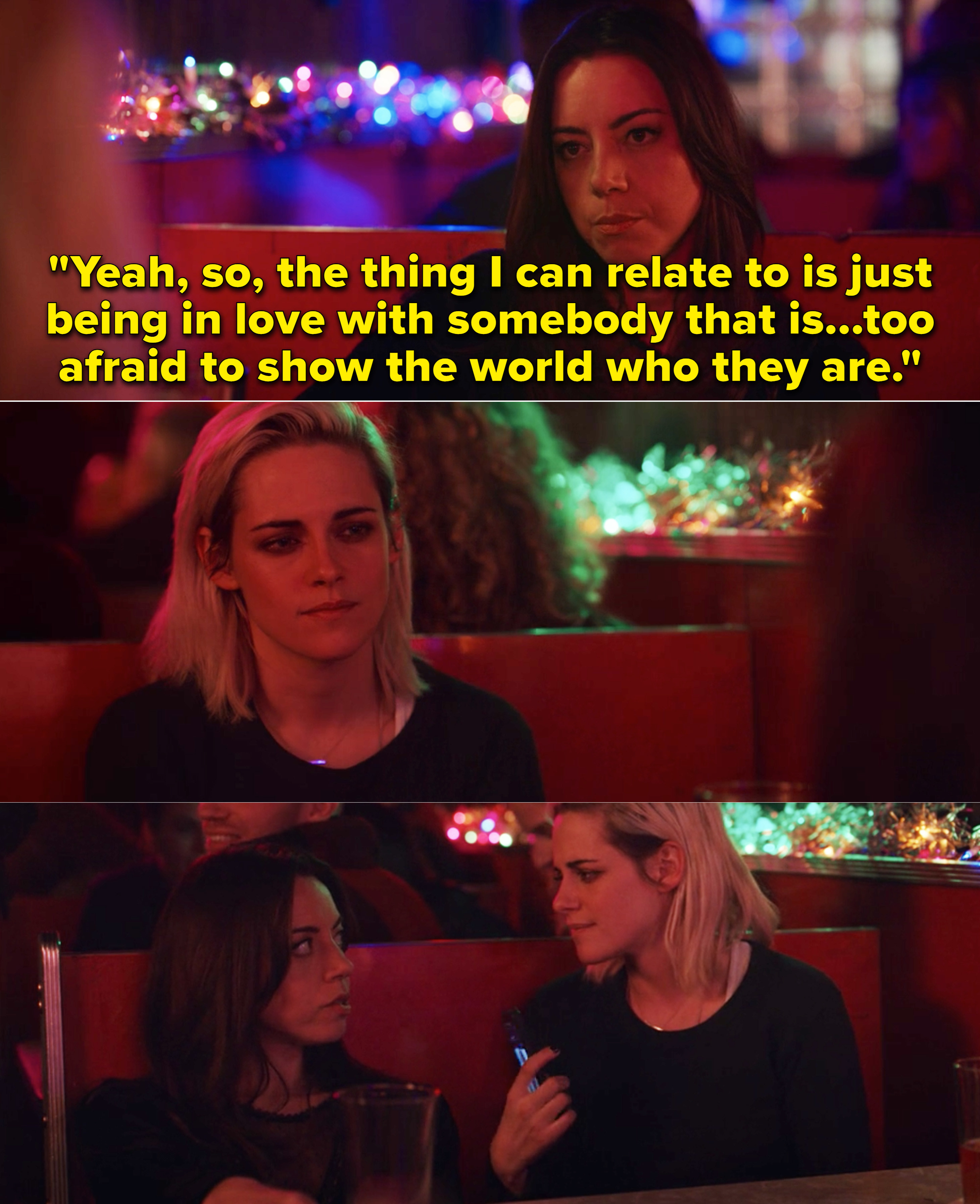 Riley saying, "Yeah, so, the thing I can relate to is just being in love with somebody that is...too afraid to show the world who they are"