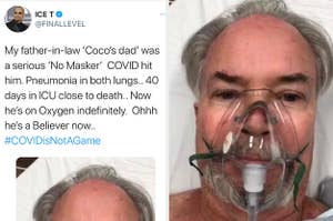 A tweet from Ice-T next to a man with an oxygen mask on his face