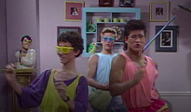 Slater, Screech, and Zack dance with funky sunglasses and use a broom as a guitar
