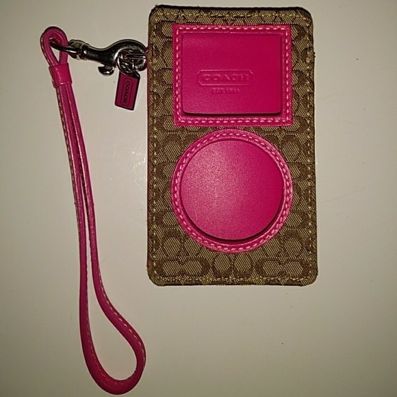 A Coach iPod cover with Coach monogram and hot pink leather trim