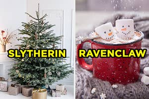 On the left, a Christmas tree with minimal decorations and some foil-wrapped gifts underneath it labeled "Slytherin," and on the right, a mug of hot chocolate with two marshmallows made to look like snowmen labeled "Ravenclaw"