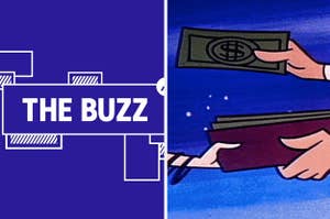 Splitscreen of purple graphic with THE BUZZ in white letters on the right side and a screenshot of Jane Jetson taking George Jetson's wallet on the left side (CREDIT: BOOMERANGTOONS/GIPHY)