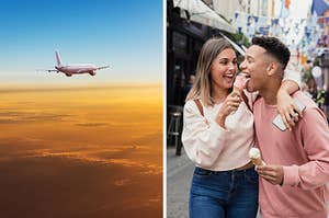 On the left, a plane flying in the sky, and on the right, a woman holding out an ice cream cone to someone who takes a lick and laughs