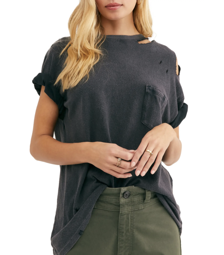 Free People ripped pocket tee in washed black