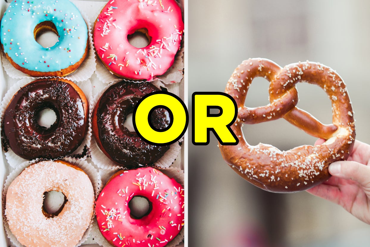 On the left, a box of various frosted donuts with sprinkles, and on the right, someone holding up a soft pretzel with