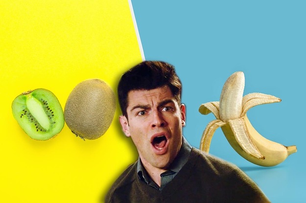 Schmidt from New Girl looking shocked at a kiwi and a banana