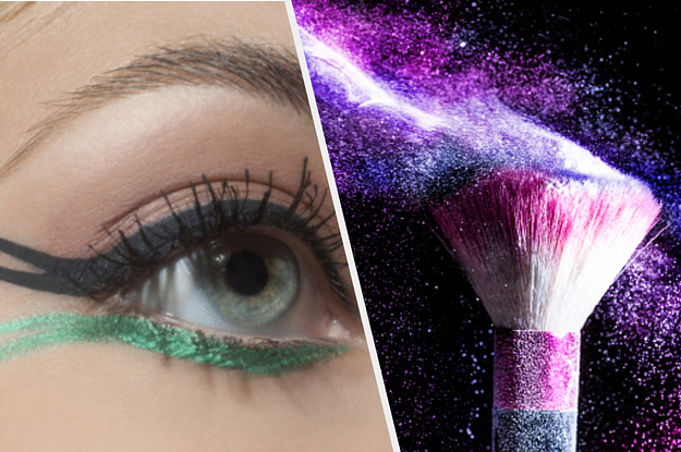 Someone is applying eyeliner on the left with a brush on the right