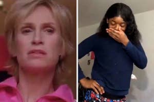 Sue Sylvester and meme of a black girl laughing 