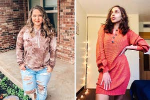 (left) brown tie-dye hoodie (right) Orange waffle-knit dress
