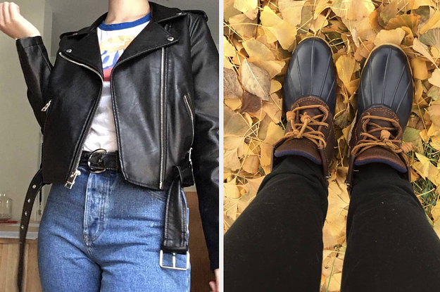 (left) Faux leather jacket (right) Brown Sperry boots